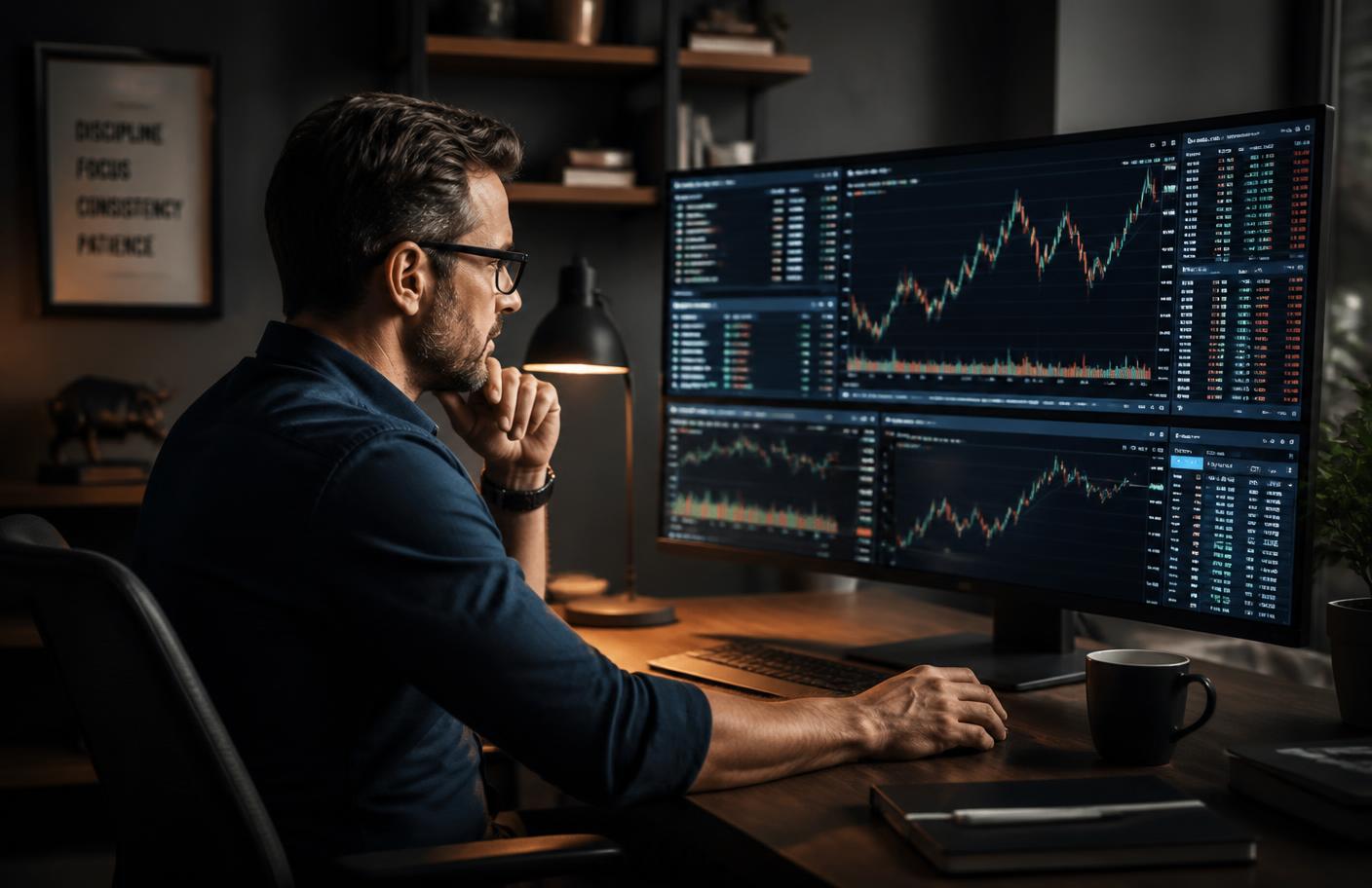 Trader při analýze grafů na více monitorech